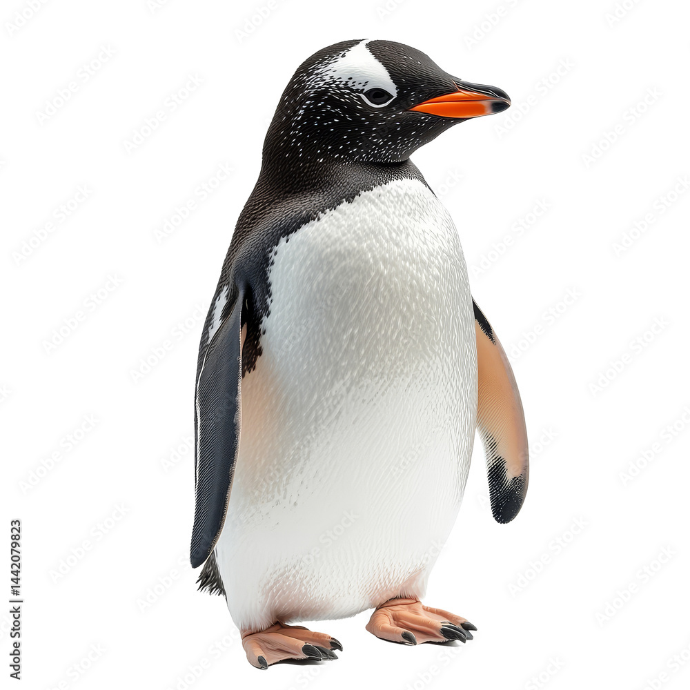 Obraz premium The penguin displays its distinctive black and transparent feathers and orange beak while standing alone, a penguin isolated on transparent background