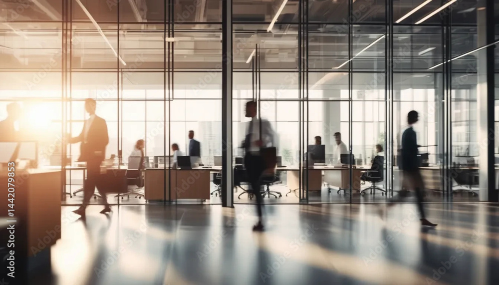 Blurred people walking in motion in modern office.