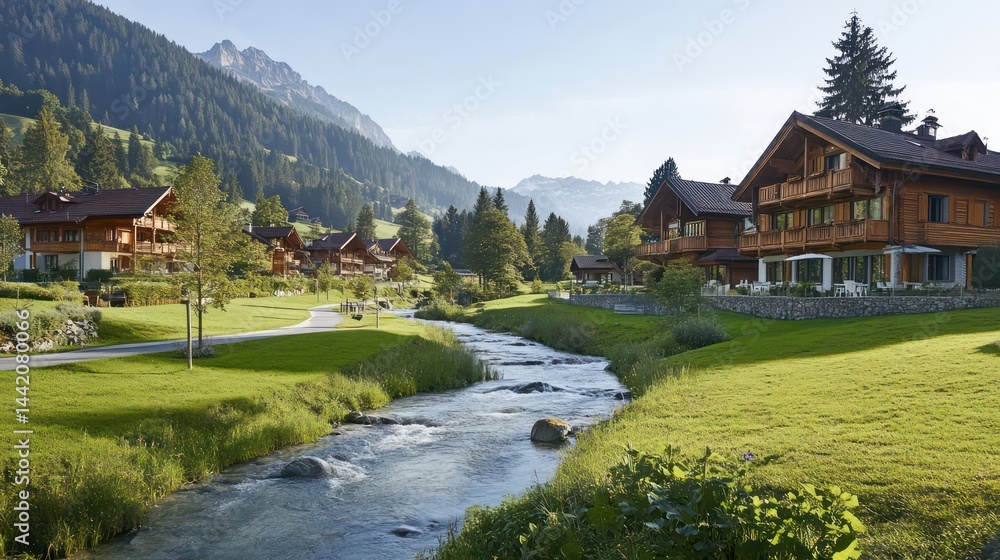 Fototapeta premium Alpine Village Serenity River Houses and Mountains