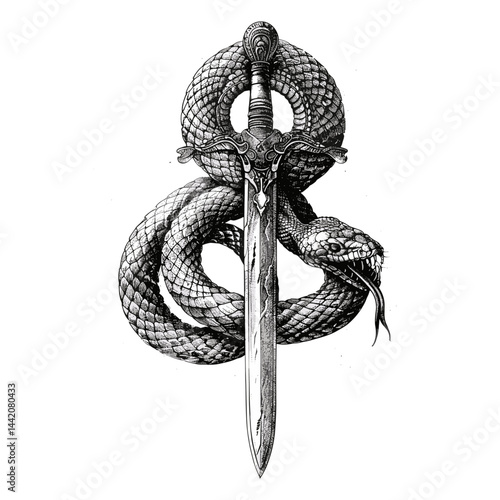 Vintage black sketch, snake coiled around sword, old engraving style tattoo, trendy serpent art, gothic sword tattoo, retro illustration, antique tattoo drawing, classic tattoo art