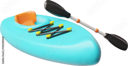 Canoe, tourist boat with paddle, seat 3D vector icon, kayak with oar for active sport on water, rafting sports equipment