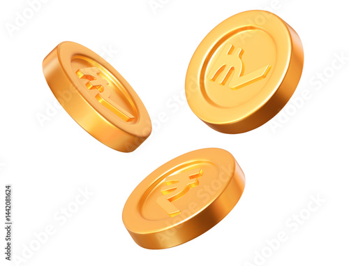 3d golden coins of Indian rupees with different angles.. Stock vector illustration on isolated background.