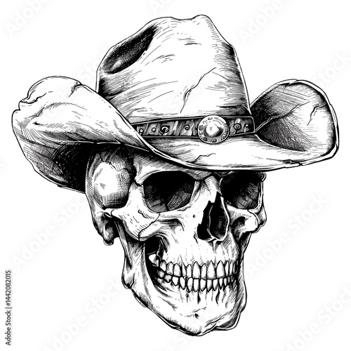 Cowboy hat skull, black and white vintage sketch, hand drawn ink art, old engraving western style, trendy skeleton cowboy, detailed skull artwork, retro gothic skull
