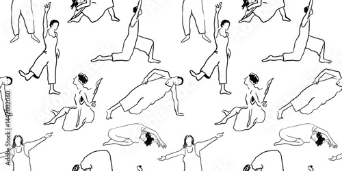 seamless pattern with doing exercise people in hand drawn sketching style in vector. Element for poster wallpaper background wrapping textile prints postcard packaging