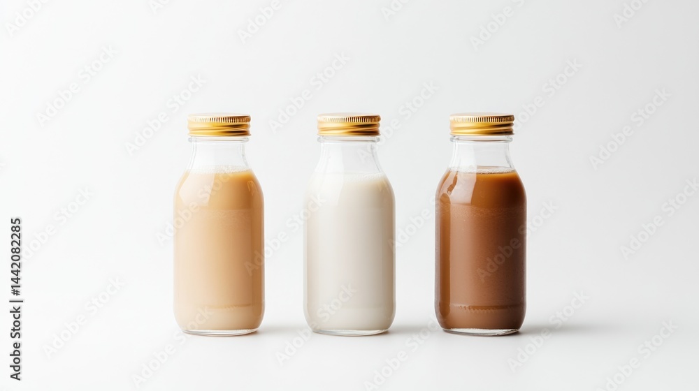 Beverage, Package, Set, bottles filled with iced milk tea, arranged in a row on a clean white background. Beverage, Package, Set, bottles filled with iced milk tea, arranged in a row on a clean white background.