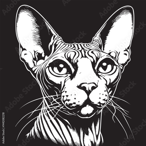 Sphynx Cat Vector Black and White Line Art Illustration	
