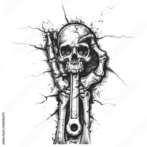 Black ink skeleton hand with wrench, vintage rock sign sketch, engraving style, punk vector illustration, rebellious skeleton art, gothic tattoo design, grunge skeleton vector