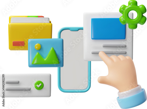3D ui, ux user software interface vector design, block template of dialogue window, folder, gear, smartphone, click hand