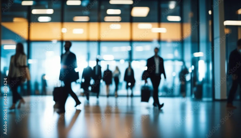 Blurred people walking in motion in modern office.