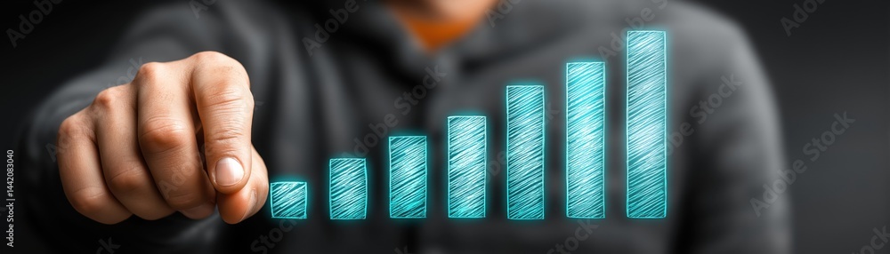 A person points at a glowing ascending bar graph, symbolizing growth, progress, and business success.