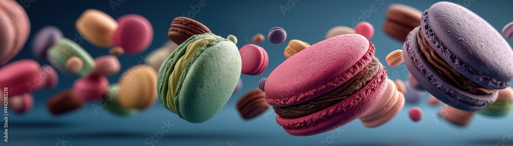 Colorful macarons float in midair, creating a whimsical and vibrant dessert scene against a blurred blue background.