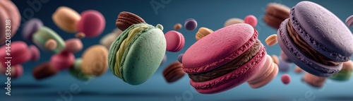 Obraz na płótnie Colorful macarons float in midair, creating a whimsical and vibrant dessert scene against a blurred blue background. w salonie