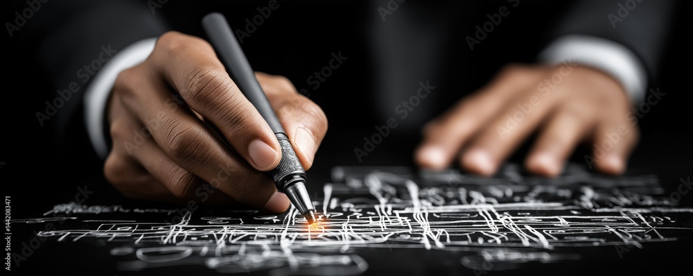 A person drawing architectural blueprints with a pen, focusing on technical details and precision.