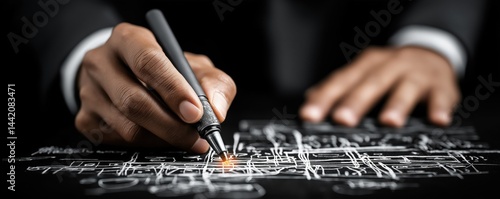 Obraz na płótnie A person drawing architectural blueprints with a pen, focusing on technical details and precision. w salonie