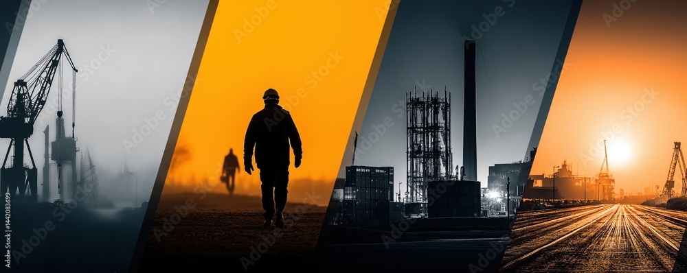 A under 200 characters: Industrial scenes featuring workers, cranes, factories, and construction, depicted with dramatic lighting and strong contrasts in an urban environment.