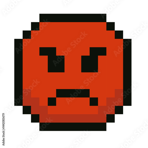 Vector illustration of an angry pixel art emoji with an evil expression. Retro 8 bit style design perfect for video games, memes, chat stickers, digital art, or nostalgic graphic projects. Isolated on