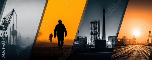 Obraz na płótnie A under 200 characters: Industrial scenes featuring workers, cranes, factories, and construction, depicted with dramatic lighting and strong contrasts in an urban environment. w salonie