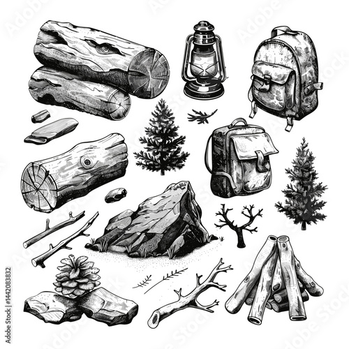 Vintage vector engraving, rustic outdoor elements, black-and-white bold sketch, old engraving style, trendy rural landscape art, monochrome scenery, antique etching artwork