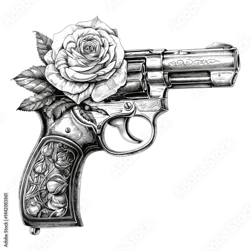 Black sketch rose in gun barrel, vintage monochrome engraving, trendy vector icon, isolated retro style illustration, classic hand drawn engraving, cool tattoo concept, punk artwork