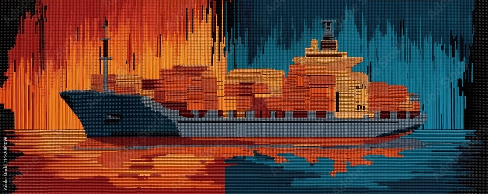A large cargo ship carrying containers sails, with a vibrant, abstract background split into fiery orange and cool blue colors.