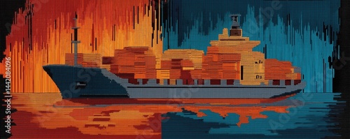 Obraz na płótnie A large cargo ship carrying containers sails, with a vibrant, abstract background split into fiery orange and cool blue colors. w salonie