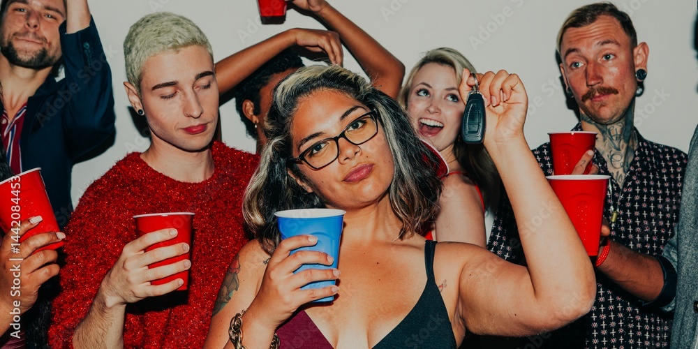 Obraz premium Group of diverse young adults at a party, holding red cups, smiling, and having fun. Casual party scene with friends enjoying drinks and laughter. Diverse people drinking out of colorful cups at party