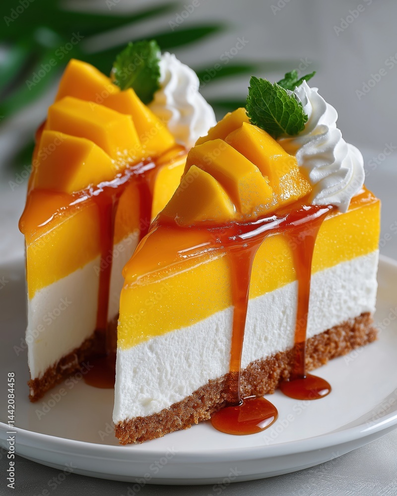 Two slices of mango cheesecake topped with fresh mango, whipped cream, mint leaves, and caramel sauce on a white plate.