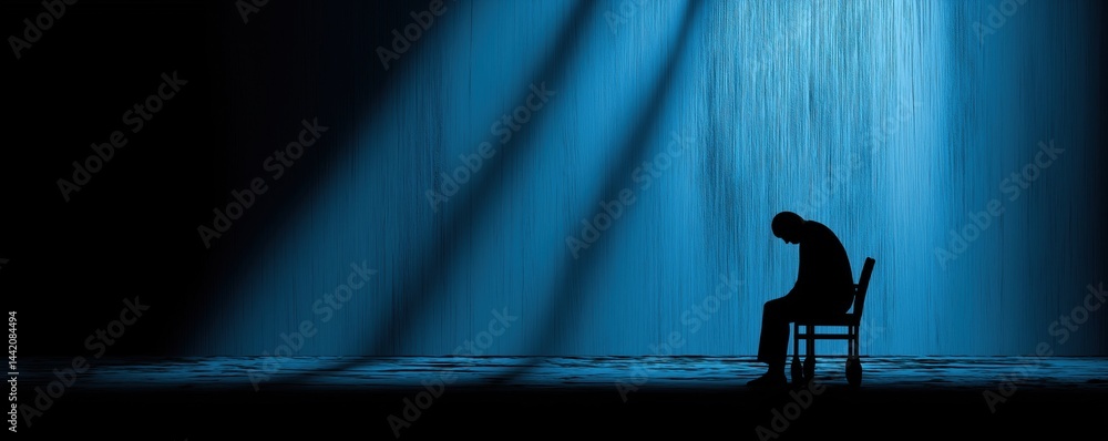 A person sits alone on a chair under dramatic blue lighting, head bowed, creating a somber and contemplative mood.