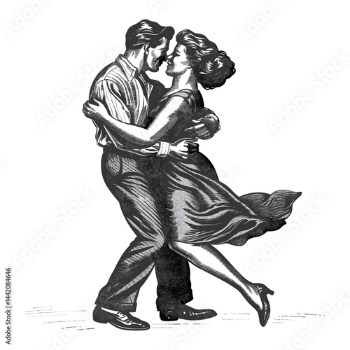 Old engraving style, retro couple dancing in formal wear, black-and-white vintage style, black sketch, elegant dance couple art, historic ballroom illustration, classy retro drawing