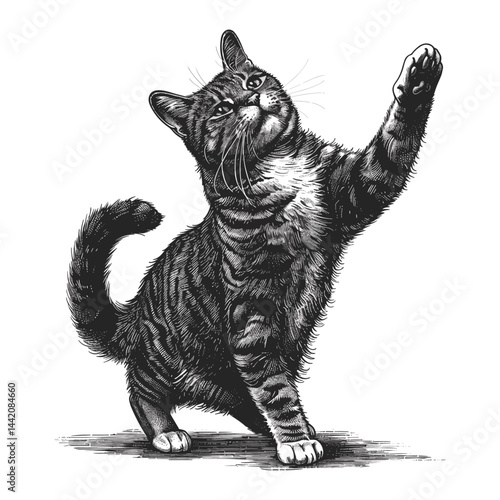 Tabby cat dancing, black and white vintage engraving, old style woodcut, tattoo sketch, realistic cat cut out, retro engraving art, trendy tabby vector, engraved cat artwork