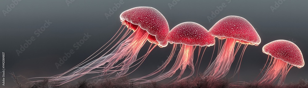 Four vibrant jellyfish with glowing tentacles gracefully drift in dark ocean water.