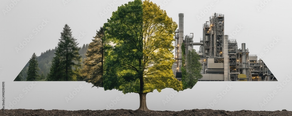 A tree split between a natural forest and an industrial factory, symbolizing the contrast between nature and industry.