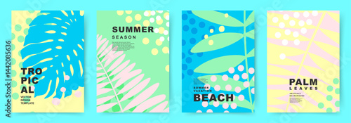 Summer paradise Background. Tropical leaf poster designs set. Theme of vacation and Beach. Flat vector templates with Exotic Nature elements for poster, banner, cover, card, story, summer Sale