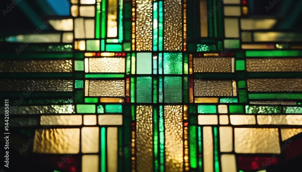 Green stained glass as a background.