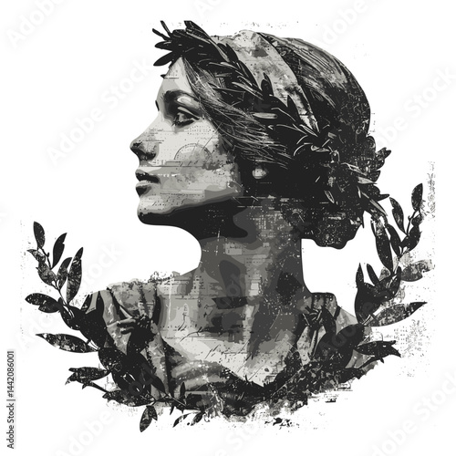 Laurel crowned antique woman, cubism abstract style, vintage black grey sketch, logo emblem, old engraving effect, abstract woman face, modern cubist art, minimalist poster, artistic illustration