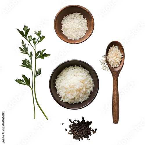 Rice in wooden bowls alongside a spoon and fresh herbs showcasing ingredients for cooking or food preparation. isolated on white background and transparent background