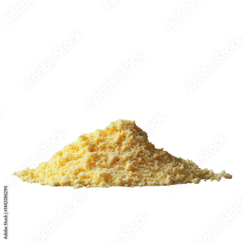 A vibrant mound of yellow cornmeal highlighting its texture and color. isolated on white background and transparent background