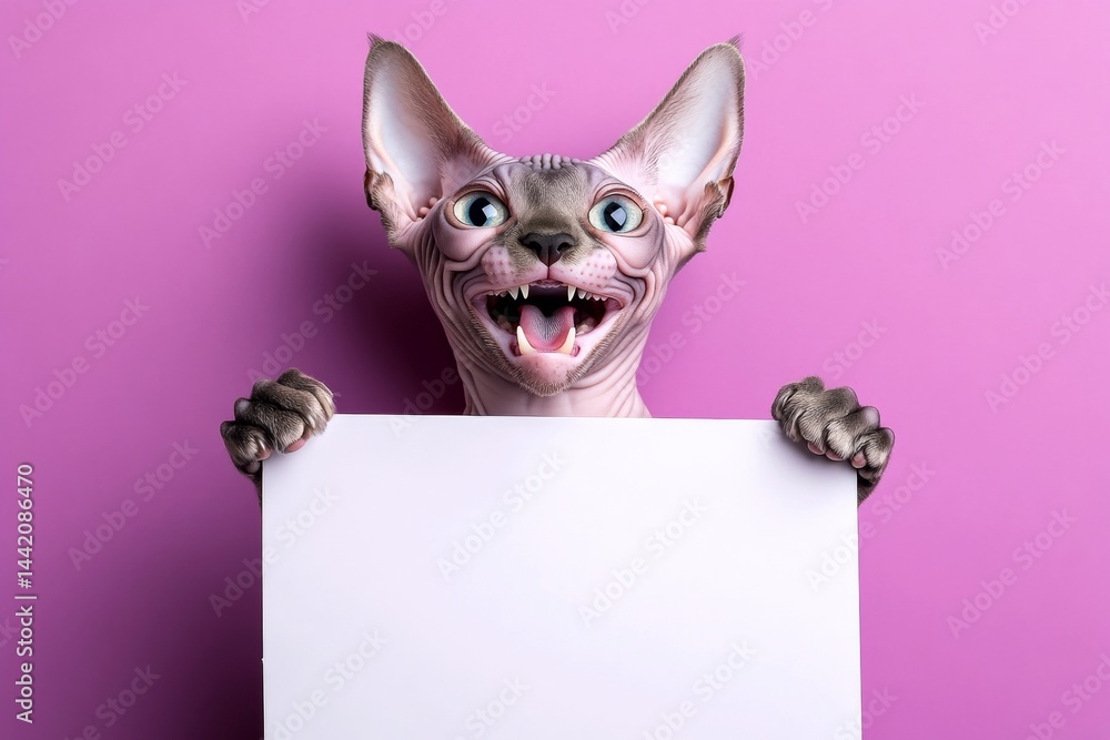 Obraz premium Pet ad mockup. Ð¡ute adult cat sphynx hold in front paws a wireframe - large white avenue sign. White space ad animal. Isolated cat on a solid clothing purple background. Cat banner visual.