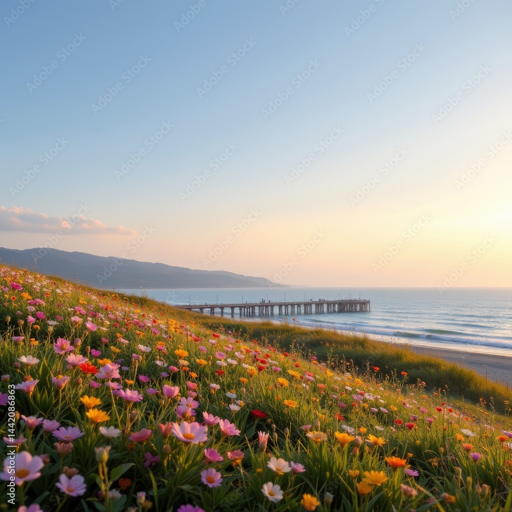 Obraz premium Coastal Meadow with Flowers and Pier