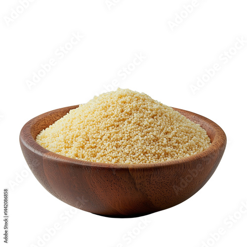 A wooden bowl filled with fine, light-colored couscous, Semolina grains, highlighting the texture and color of the contents. isolated on white background and transparent background