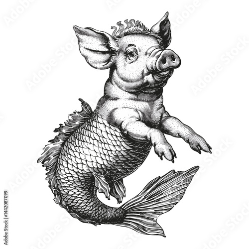 Pig mermaid, piglet with fish tail, vintage vector illustration, monochrome engraving, black sketch, emblem, logo, icon, old engraving style, trendy, retro, animal hybrid art, unique design