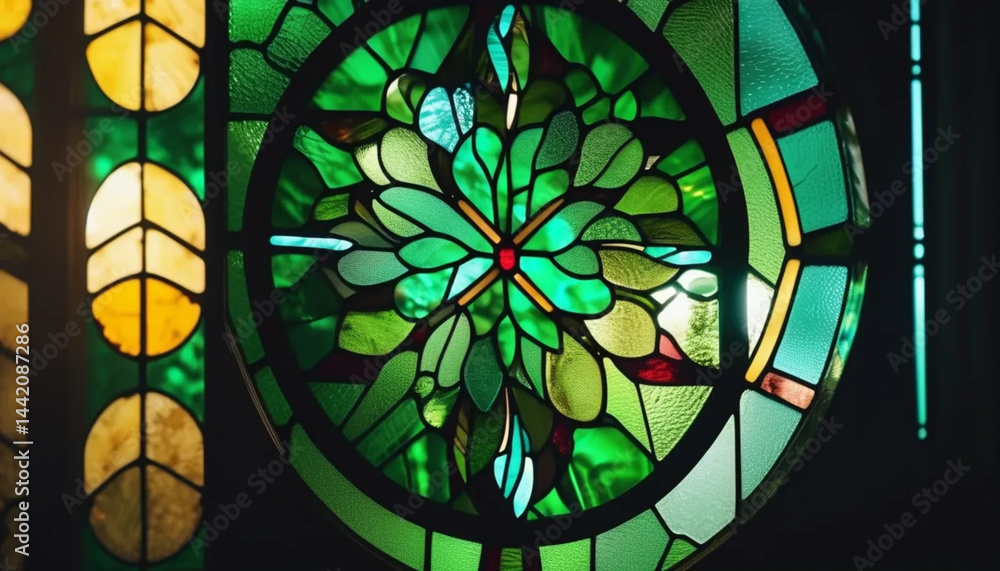 Green stained glass as a background.