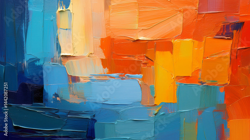 Closeup of abstract rough colorful blue orange multicolored art painting texture, with oil brushstroke, pallet knife paint, with square overlapping paper layers, complementary colors