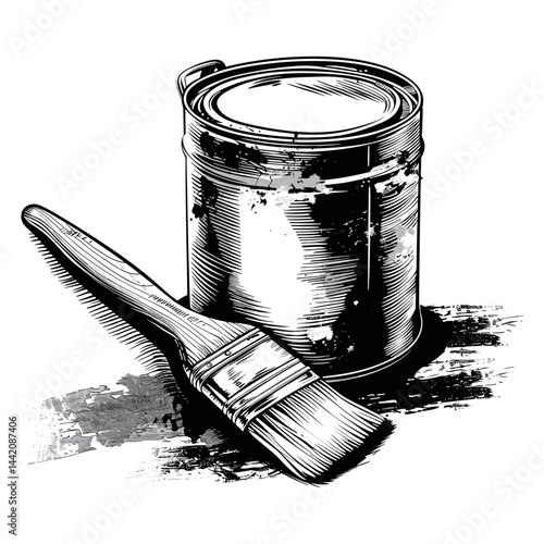 Retro vintage paint brush and can, hand drawn engraving, old sketch style, trendy icon, artistic emblem, engraving vector, antique print, classic design, rustic artwork