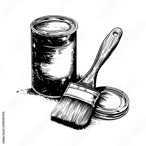 Old engraving style paint brush and can, black sketch icon, vintage hand drawn print, rustic design, trendy retro emblem, artistic vector, retro engraving artwork, antique illustration