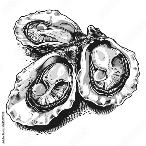 Oysters logo, simple vector, icon, emblem, thick outline, black sketch, sign, vintage style, old engraving, seafood illustration, retro oyster emblem, shellfish vintage logo