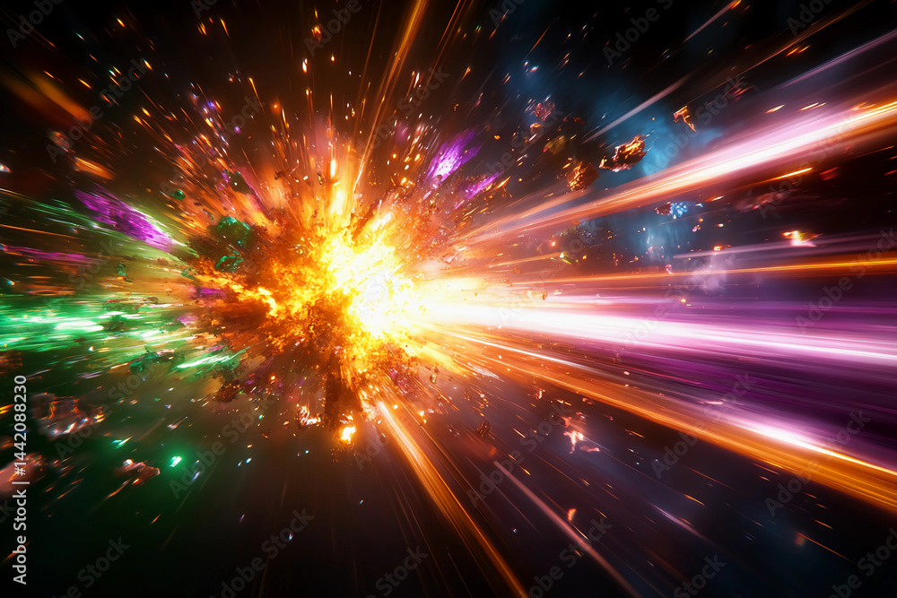 Fototapeta premium A radiant burst of light in electric green, gold, and purple, forming a chaotic energy field like the heart of a supernova with rapidly expanding trails of light