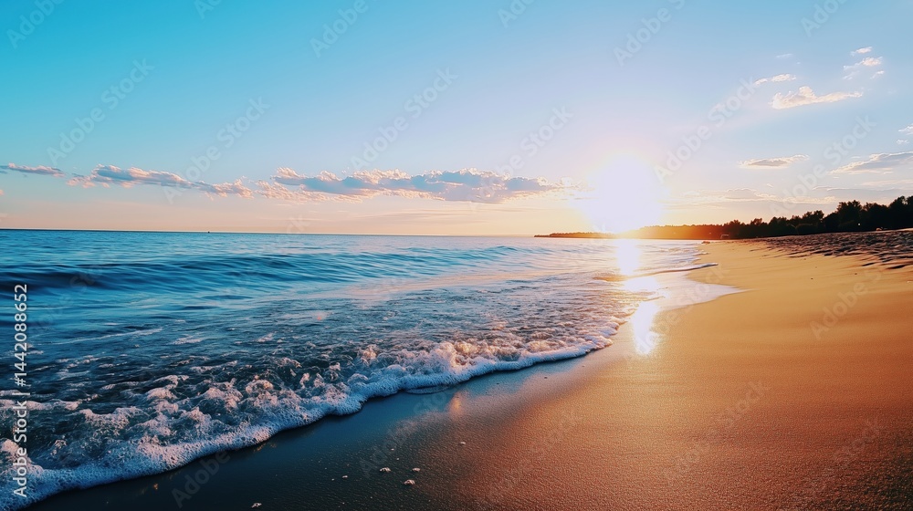 Fototapeta premium Sunlight reflects on gentle waves as the day ends at a serene beach in the evening
