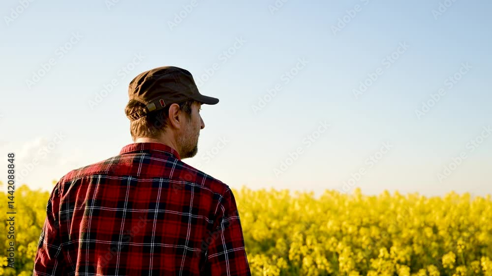 Male farm worker looking over blooming canola rapeseed field in spring sunset, 4K Male farm worker looking over blooming canola rapeseed field in spring sunset, 4K