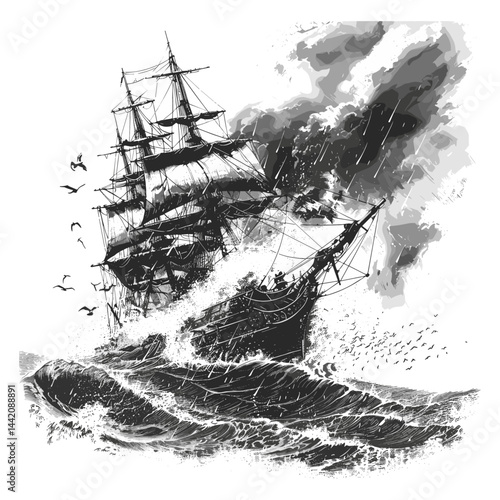Old ship sinking during storm, vintage engraving illustration, black sketch, isolated element, retro style, trendy artwork, antique shipwreck, hand-drawn ocean storm,